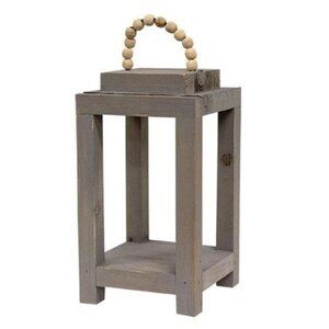 Gray Wooden Candle Lantern with Bead Hanger 11.5" Rustic Candle Not Included